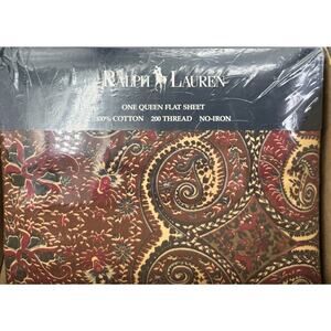 Vintage RALPH LAUREN QUEEN Flat Sheet Whitbury‎ Paisley Black Red Brown Combed